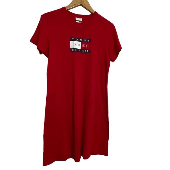 Vintage90s Tommy Hilfiger Flag Logo Mini Shirt Dress Red Size L - Picture 2 of 5
